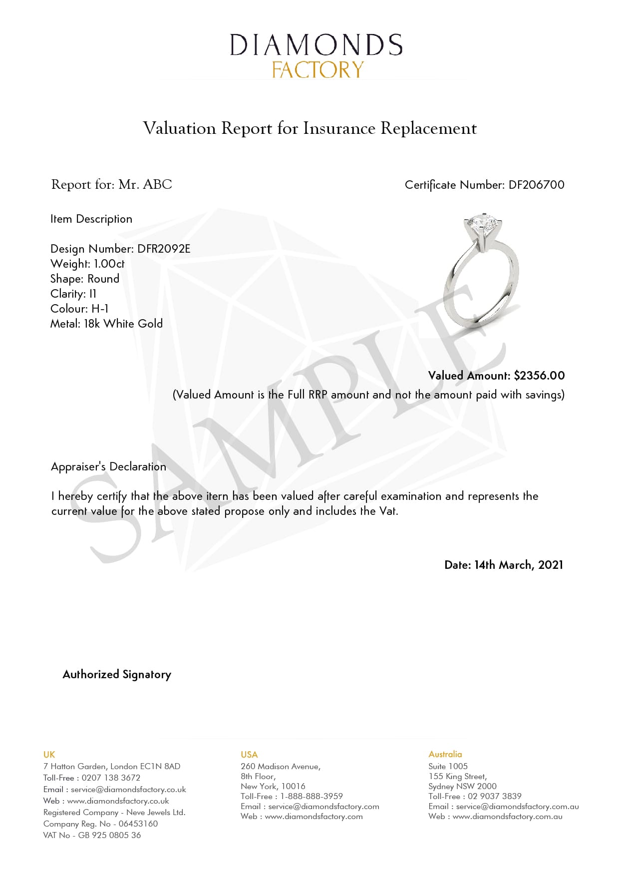 Valuation Certificate